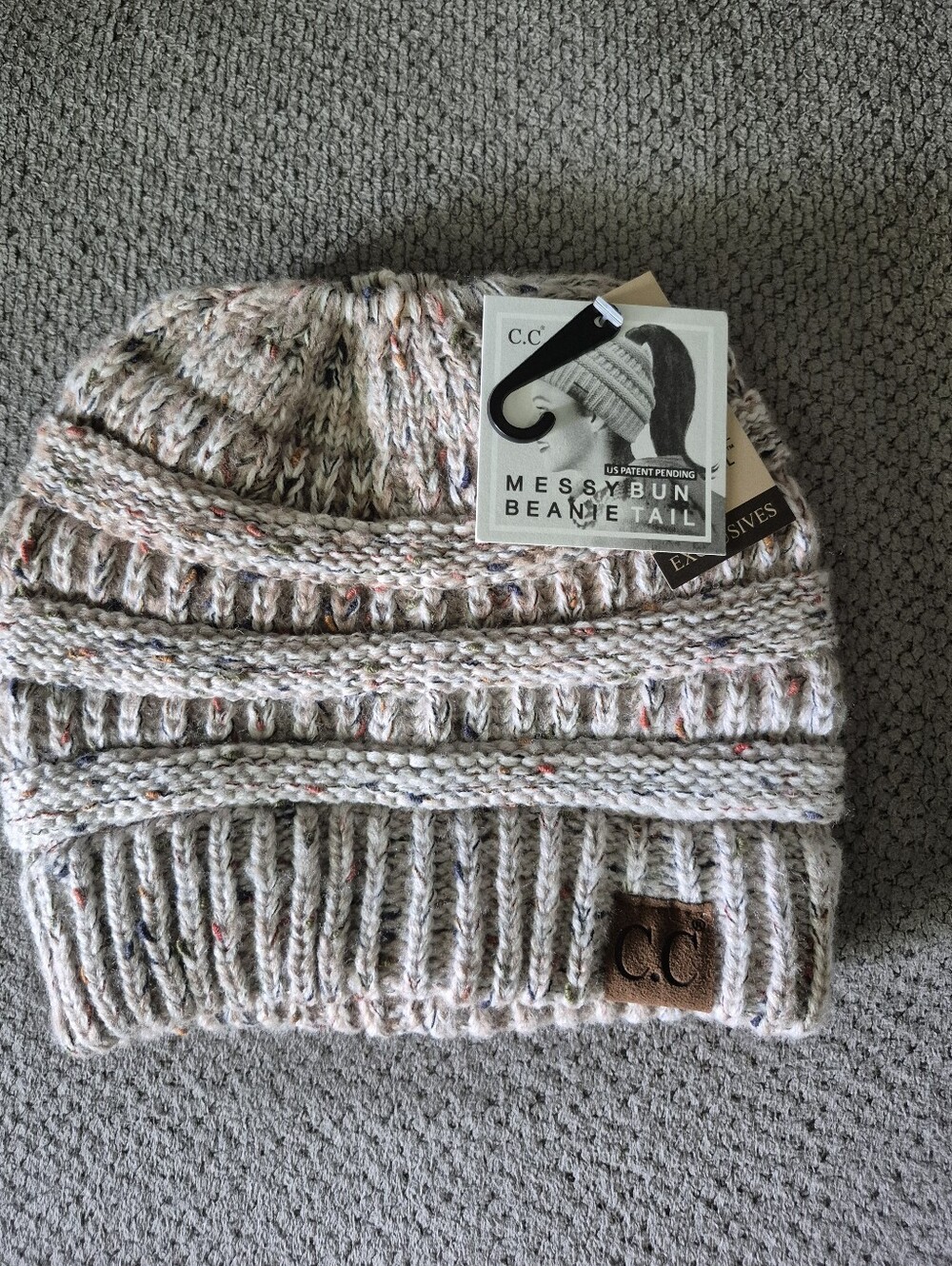 CC Beanie tan speckled messybun beanie tail